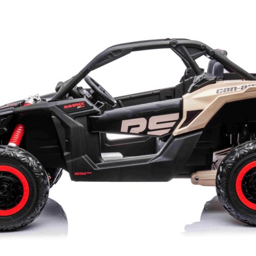 Mașină electrică copii Can-am Maverick 24V, negru, cu două locuri, suspensie spate, telecomandă 2,4 Ghz, Baterie litiu portabilă, 4 motoare de 200 W, roți EVA, scaune din piele, player MP3 cu intrare USB/SD, model cu licență