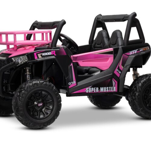 Mașină electrică pentru copii UTV 24V, Roz, două locuri, motor 2 x 200 W, Baterie litiu, roți EVA, osii cu arcuri, frână electrică, scaun tapițat, 2.4 GHz DO, două locuri, USB, AUX